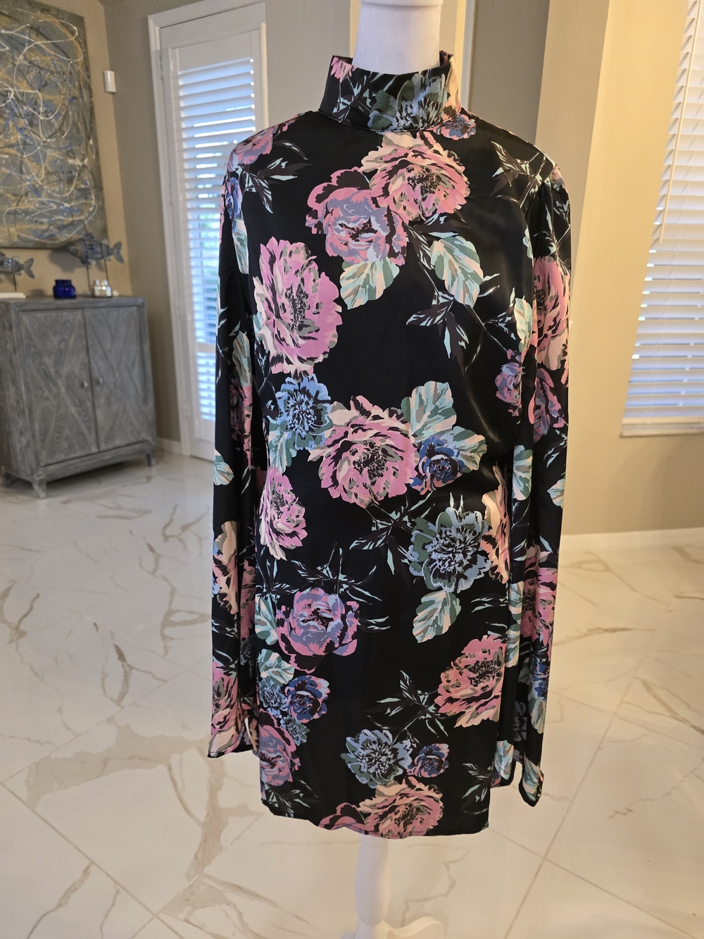 FOREO Black Mock Neck Long Sleeve Dress with Pink & Blue Floral Print